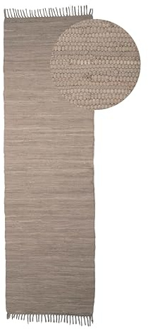 carpetfine Flickenteppich Kelim Chindi Uni Läufer Taupe 60x180 cm, handgewebt | Fleckerlteppich aus Baumwolle für Wohnzimmermit Fransen