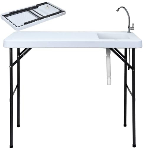 TANGZON Folding Camping Table with Sink, 115 x 59 x 94 cm Portable Outdoor Heavy Duty Fillet Table with Quick-Connect Faucet, Fish Cleaning Cutting Station for Picnic Kitchen Garden, Most Gifted