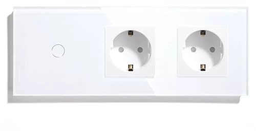 PULSAR Touch Lichtschalter/Steckdose Doppelt Unterputz 3-Fach Glas Weiß | Touch Lichtschalter mit Doppelsteckdose Unterputz 3 Fach Glas Weiß - Sensor Schalter 230V ohne Neutralleiter mit Steckdose