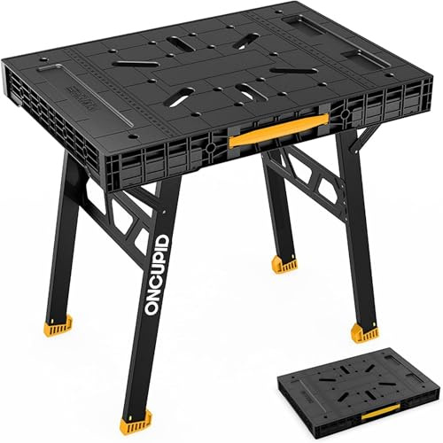 Express Folding Work Table, Easy Setup Portable Folding Work Table & Portable Folding Workbench, 34 W x 25 D x 31 H Lightweight Versatile Clamping Worktable for Garage/Wood Shop (Yellow)