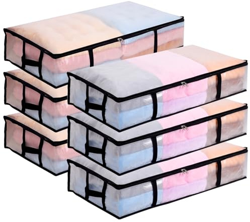6 Pack 90L Under Bed Storage Bags Foldable UnderBed Storage Box, Clear PP | Waterproof PP Fabric, Zip Closure, Clear Top, 4 Reinforced Handles, Ideal For Quilts, Clothes and Shoes