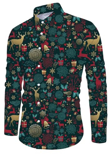 RAISEVERN Christmas Shirts Mens Reindeers Bells Printed Ugly Festival Funny Snowflakes Funky Xmas Shirt Long Sleeve Graphic Santa Party, Green, XXL
