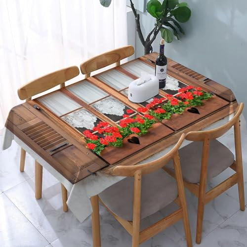 Garten Tischdecken Rechteckig,Druck alter europäischer Fenster mit Fensterläden und Blumen,Fleckschutz Wasserdicht Tischtuch für Draußen Esszimmer,Küche,Garten,Party,Hochzeiten oder Haushalt 137x183cm