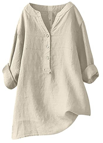 Camiseta Mujer Lino Algodón Manga Larga Camisa Ligero Primavera Verano Moda Casual Cuello en V Botones Color sólido Suelto Cómodo Tops T-Shirt Basic tee Talla Grande Transpirable Blusa 2025