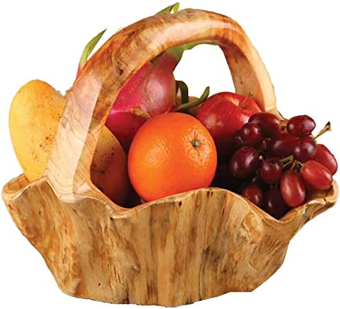Msuiiixcccc Vintage Hand-Carved Fruit Bowl with Handle Wooden Vegetable and Fruit Basket Salad Snack Fruit Wooden Serving Bowl-Wood Path 30-34cm