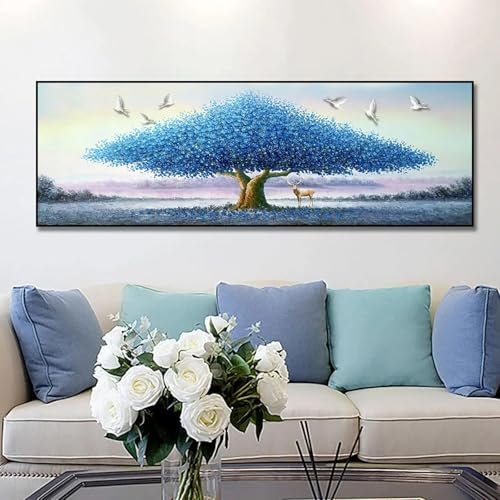 LMYCHENG Modernes luxuriöses abstraktes Ölgemälde, blauer Geldbaum auf Leinwand, Poster, Druck, Wandkunst, Bild für Wohnzimmer, Heimdekoration, 70 x 210 cm, rahmenlos