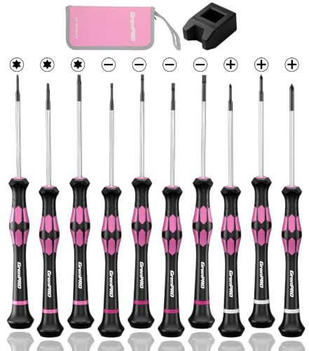 GRENPRO 10-Piece Precision Screwdriver Set, Magnetic Small Screwdrivers with Phillips, Slotted, Torx Star for Eyeglass, Watch, Computer, Laptop, Phone,Pink