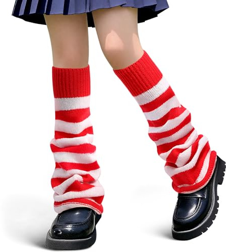 Geyoga Stulpen für Damen Beinstulpen Y2K Beinwärmer Gotisch Lolita Strick Legwarmer für Halloween(Rot Weiß Streifen)