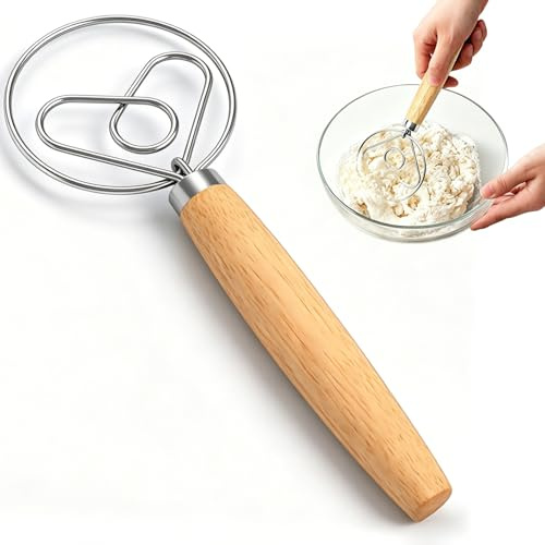 PERSENTU Danish Dough Whisk, Stainless Steel Mixer with Wooden Handle, Hand Baking Tool for Bread Dough, Pastry, Pizza Dough & Egg, Bread Making Accessories and Baking Supplies (9.5-Inch)