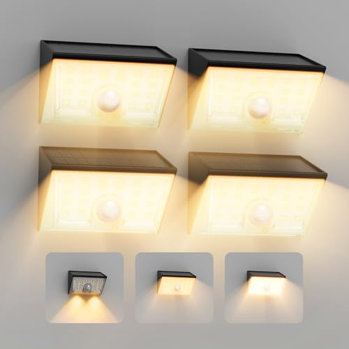 Smiling Shark WL-06 Luz Solar Exterior, 4 Piezas Focos LED Solares Con Sensor de Movimiento 4 Modos & 120° Iluminación IP65 Impermeable Lámpara de Pared Solar para Jardín Valla Patio, Blanco Cálido