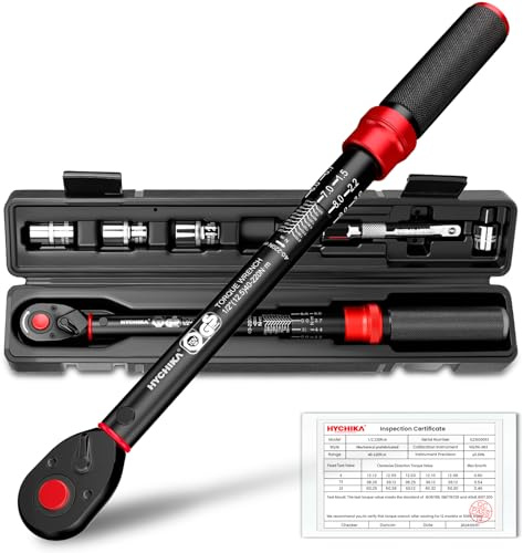 HYCHIKA 1/2 tum drivklick vridmomentnyckel 40-220 Nm, ±2% noggrannhet, dubbel riktning 72-tand, med 3/8 tums adapter, 125 mm förlängningsstång och 17, 19, 21 mm uttag för bil, motorcykel