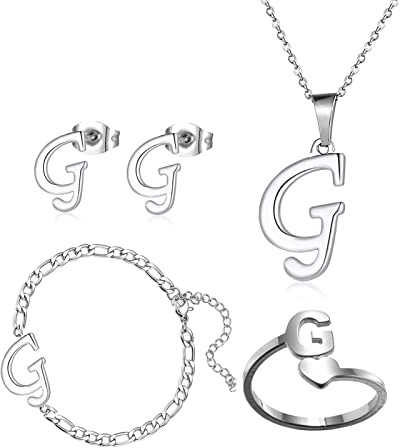 QYYZTQY 4er-Pack Edelstahl-Schmucksets mit Initialen für Damen, Silberringe, Armbänder, Ohrringe, Anhänger, Großbuchstaben, Halsreif, Kette, Ohrstecker, Schmuck, Geschenk für