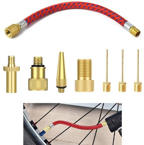 8 Pezzi Adattatore Valvola Bicicletta, Kit Gonfiaggio Bici per Auto, Palloni Materassini, con Adattatori AV DV SV, Prolunga Flessibile 16cm, Aghi per Palloni e Adattatore Conico per Compressori Pompe