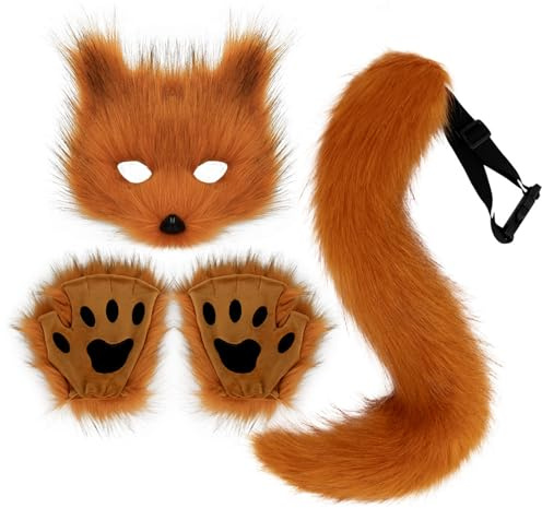 Generisch Therian Maske Fuchs Kostüm Cosplay Set mit Furry Schwanz Mask und Handschuhe Kunstpelz Fuchs Masken Wolf Katze Flauschiger Schwanz für Halloween Karneval Party Accessoire Bühne
