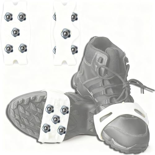2Pcs Anti Slip Crampons, Outdoor Anti Slip Shoe and Boots Ice Cleats with 5 Stainless Steel Spikes Winter Outdoor Anti-Slip Crampon for Walking, Fishing, Climbing and Hiking White