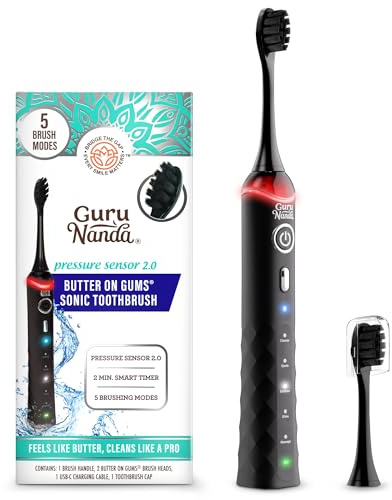 GuruNanda Pressure Sonic 2.0 Electric Toothbrush with Butter On Gums Bristles – Smart Pressure Sensor, 5 Modes, 2-Min Timer, 55-Day Rechargeable Battery, IPX7 Waterproof, Black