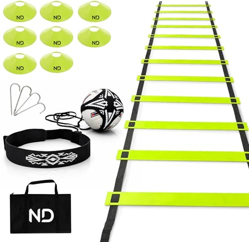 ND Sports Agility Ladder Football Training Set- Speed Ladder with 10 Rungs, 8 Disc Cones, 4 Ground Nails, 1x Kick Trainer & Carry Bag | Ideal for Football, Tennis, Fitness & Agility Drills for Adults