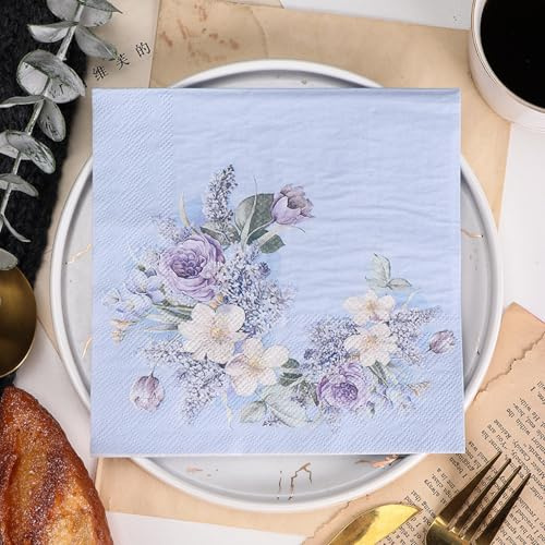 Serviettes en Papier Fleurs Violettes Serviettes en papier jetables,douceur et moelleux,idéales pour Fêtes,Traiteur,Anniversaires,Intérieur ou Extérieur tous les jours 15 Paquet(33x33cm)