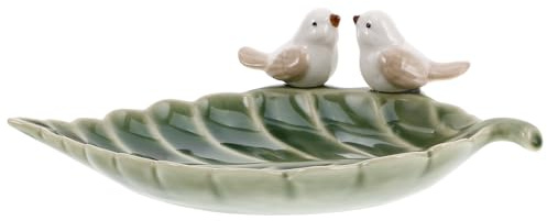 MUCKLILY Plateau à Bijoux en Céramique Vert Feuille Motif Oiseau Petit Porte-Bagues Décoratif Polyvalent pour Salle de Bain Présentoir à Bijoux Original et Élégant