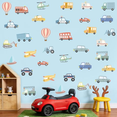 SHUCHING DIY Watercolor Transportation Vehicle Wall Decal Peel and Stick, Vinyl Cartoon Construction Car Wall Sticker, Wall Decor for Baby Nursery Bedroom Playroom