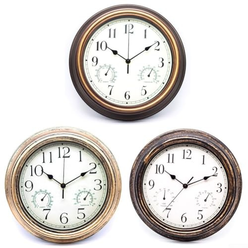 Horloge murale d'extérieur résistante aux intempéries de 30,5 cm avec thermomètre et hygromètre intégrés pour jardin, terrasse ou cour – Mouvement à quartz silencieux, design vintage (bronze doré)