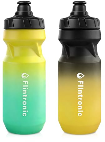 flintronic 2 st sportvattenflaska, 650 ml klämvattenflaska, BPA-fri, läckagesäkra cykelflaskor för löpning, cykling, vandring och utomhus (svart gul/gulblå)