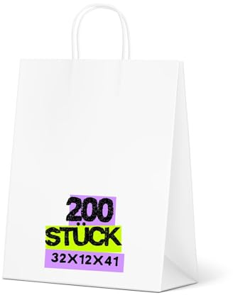 Inoverse 200 Stück Papiertüten mit Henkel 32+12x41 cm – stabile Kraftpapiertüten Weiß mit Papierkordel, Geschenktüten & Papiertragetaschen für Einkauf, Geschenk, Party & DIY