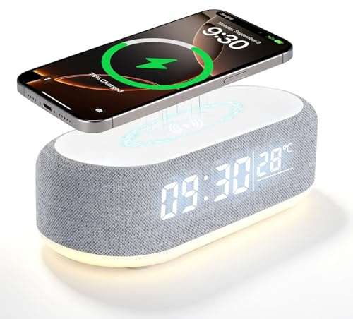 Lizoak 4 In1 Smart Wecker, Digitaler Tischwecker mit Licht und Ladestation, Radiowecker mit Ladefunktion & Temperaturanzeige, Helligkeit regelbar, ABS Tischuhr für Schlafzimmer Schreibtisch