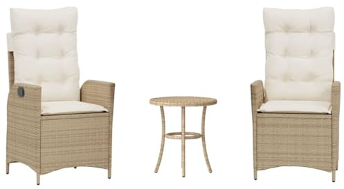 Qnhdfrt 3-TLG. Bistro-Set, Poly Rattan Gartenmöbel Set mit 2 verstellbaren Sesseln und Gartentisch, Bequeme Sitzgruppe für Balkon, Terrasse und Garten, Beige, 57x61x93 cm