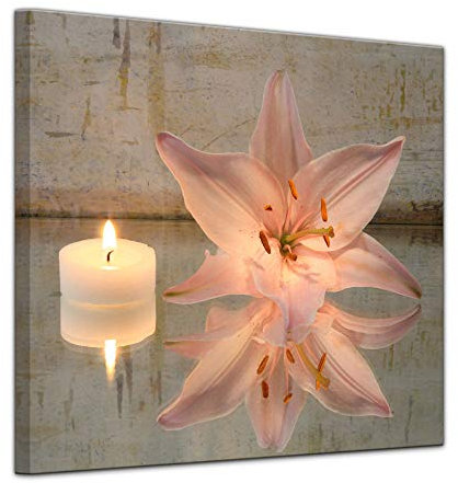 Bilderdepot24 Keilrahmenbild - Lilie und Kerze - Bild auf Leinwand 80 x 80 cm - Leinwandbilder Bilder als Leinwanddruck Geist & Seele Zeichnung - Blüte mit Wachskerze