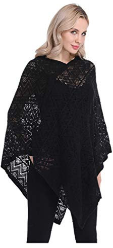 UK_Stone Poncho-Schal Damen Cape Trachtentuch Umhang Stola Schultertuch aus Acrylic Unifarbe mit Hollow Design, Schwarz