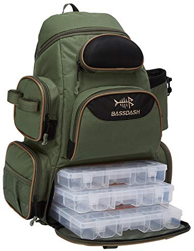 Bassdash Angelrucksack wasserabweisend für Angelausrüstung mit Rutenhalter und schützender Regenhülle
