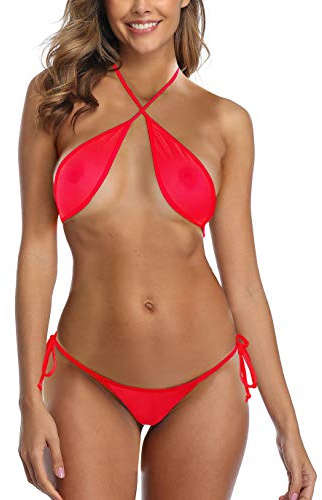 SHERRYLO fisknät bikini ren mini mikrobikini se igenom omlott topp brasiliansk G string string botten snål baddräkter, Röd, en storlek
