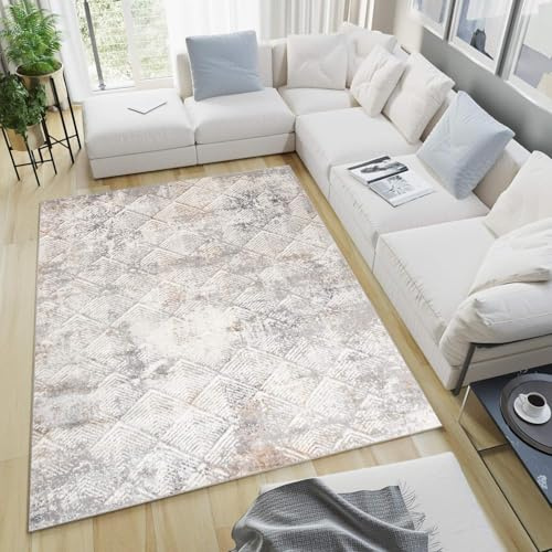 TAPISO Valley Teppich Kurzflor Hellgrau Grau Beige Quadrate 300 x 400 cm | Geometrisch Design Used Effekt Meliert Verwischt Wohnzimmer Schlafzimmer OEKO-TEX