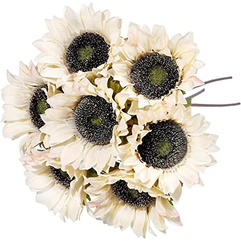 Laelfe 7 Stück Herbst Künstliche Sonnenblumen Wie Wcht, Lange Stiel Plastik Sonnenblumen Kunst Seiden Sonnenblumen Weiß Kunstblumen Herbst für Herbstdeko Hochzeit Geburtstag Haus