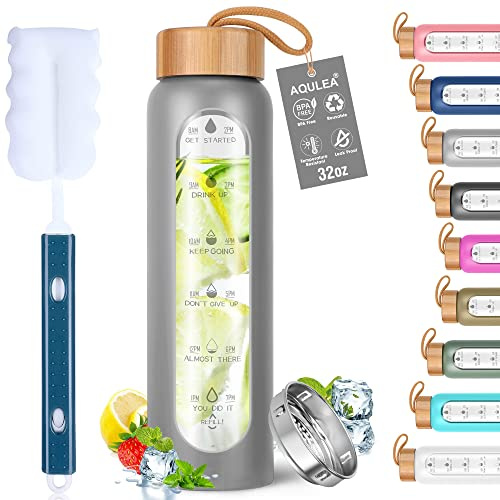 Aqulea Glass Water Bottles 32 Oz with Silicone Sleeve - BPA Free Reusable Wide Mouth Glass Motivational Water Bottles with Fruit Infuser – Leak Proof Borosilicate Water Bottle with Time Marker (Grey)
