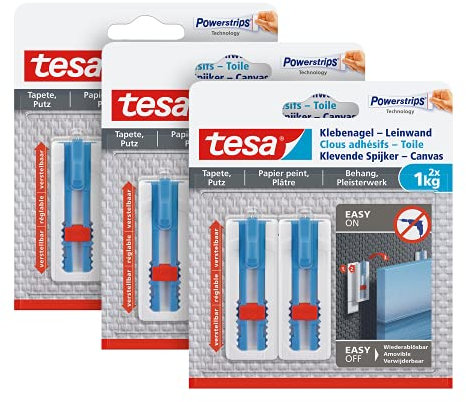 tesa adhesive nail canvas - wallpaper & plaster – adjust height – self-adhesive nail – canvas & stretcher frame – adhesive strength 1kg/nail – remove without trace