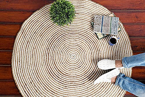 Teppich Jute Natur Beige mit weißer Baumwolle handgeflochten Runde Form Wohnzimmer Bauernhaus Teppich Dekorativer Teppich Flickenteppich (60 x 60 cm)