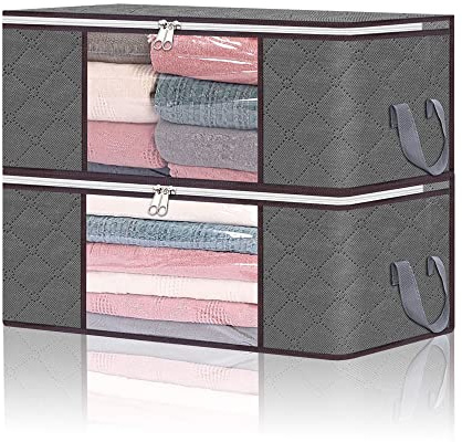 Vieshful 2 Stück Faltbare Aufbewahrungstasche 35L Durchsichtige Fenster Tragegriffe Unterbett Ideal für Bettdecken Decken Kissen Plüschtiere Jacken Kleidung Grau