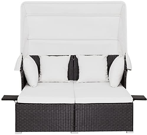 GOPLUS Tumbonas Jardin Exterior, Tumbona Doble de Ratán para Jardín con Techo Solar Plegable, Cama Exterior Jardin, Tumbonas Piscina 2 Plazas, Sofá Ratán Exteriores, con Mesa de Centro y Almohadón