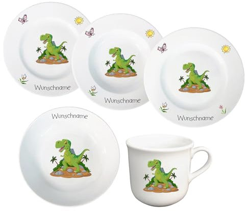 Kindergeschirr personalisiert - Kinderservice 5-tlg. Kinder Service Set aus Porzellan Teller Becher Schale personalisierbar mit Wunschname Name Kindergeschirr mit Namen personalisiert (Dinosaurier)