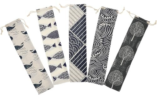 Healeved 5pcs Cotton and Linen Straw Holder Pouch - Reusable Drawstring Travel Storage Bag for Cutlerys, Fork, Spoon - Assorted Colors, 26 X 6 Cm