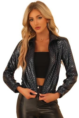 Allegra K Damen Metallic Jacke Holografisch Glänzend Langarm | Reißverschluss Funkelnde Disco Outfits Party Nachtclub