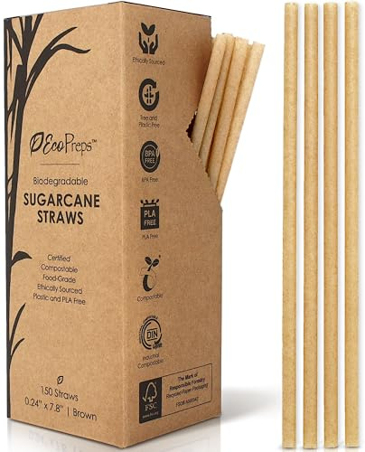EcoPreps Biodegradable Sugarcane Straws | 150 Count, 100% Compostable, Plastic-Free, & Eco-Friendly Drinking Straw | 7.8'' Sugar Fiber Disposable Straws, Smoothie Straw for Home, Restaurant, Parties