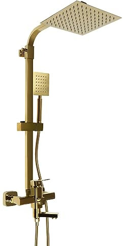 Sistema Doccia Oro, Set Doccia Bagno Completo con Tre Prese d'Acqua (20 cm, Girevole a 360°), Doccetta e Rubinetto Miscelatore con Deviatore Regolabili in Altezza