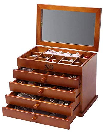 BONOOL Schmuckkästchen aus Holz, 5 Schichten, großes Fassungsvermögen, Schmucktruhe mit Spiegel, Samt-Schmuckkästchen für Damen, Schmuckkästchen für Damen