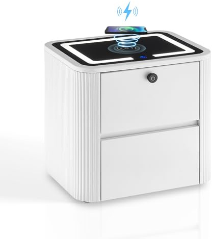 LEMROE White Smart Bedside Table with Wireless Charging, Drawers and Fingerprint Lock, Unique Nightstand Stable Storage Cabinet Unit 40 Wide Bedroom Living Room Furniture Easy Assembly