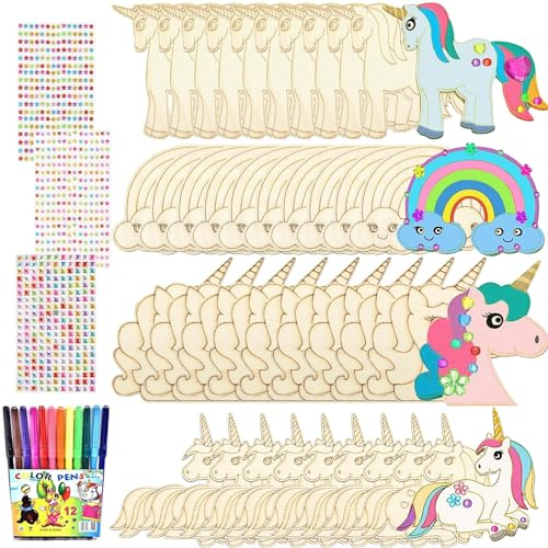 40 Stück Einhorn Bastelset Kit, Holz Bastelset zum Bemalen, Einhorn Basteln | Holzbastelsets für Kinder, Pferde Basteln, Einhorn zum Bemalen mit 12 Aquarellstift+3 Edelsteinaufkleber für DIY Kinder Malen