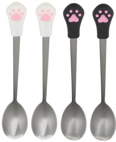 FRCOLOR 4Pcs PET Food Spoon for Dog Cat Stainless Steel Silicone Cat Claw Print Dishwasher Safe Reaches Can Bottom
