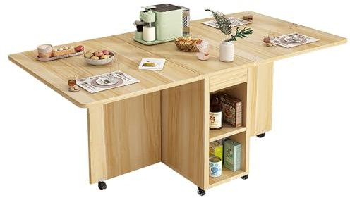 ZYYLIVR Klapptisch Esszimmer, Rechteckiger Ausziehbarer Esstisch, Klappbarer Küchentisch Auf Rollen, Platzsparender Mobiler Klapptisch Mit 2 Lagerregalen, Für Kleine Räume (Color : B)